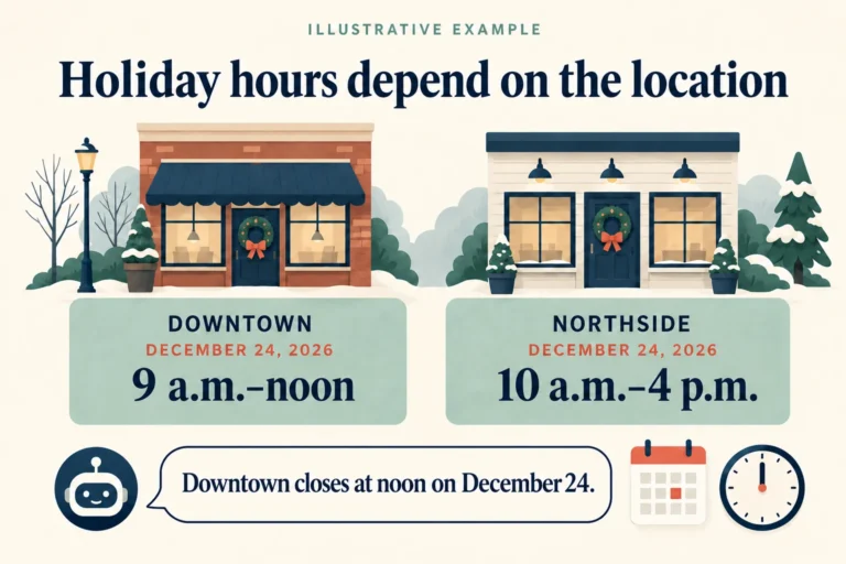 Illustration of two fictional showrooms: Downtown closes at noon and Northside at 4 p.m. on December 24, 2026.