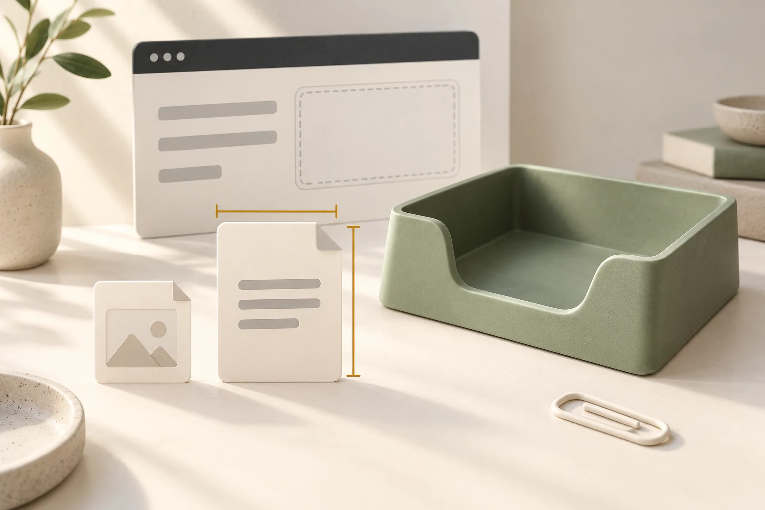 Illustrated photo and document cards beside a sage tray, with amber size markers and an abstract upload form in the background.