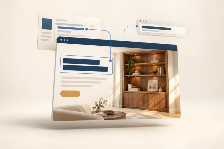 Layered website cards with a highlighted heading area beside a wooden shelving unit.
