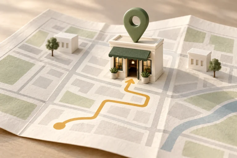 Conceptual illustration of a small storefront on a folded street map, with a green location pin and an amber path toward the entrance.