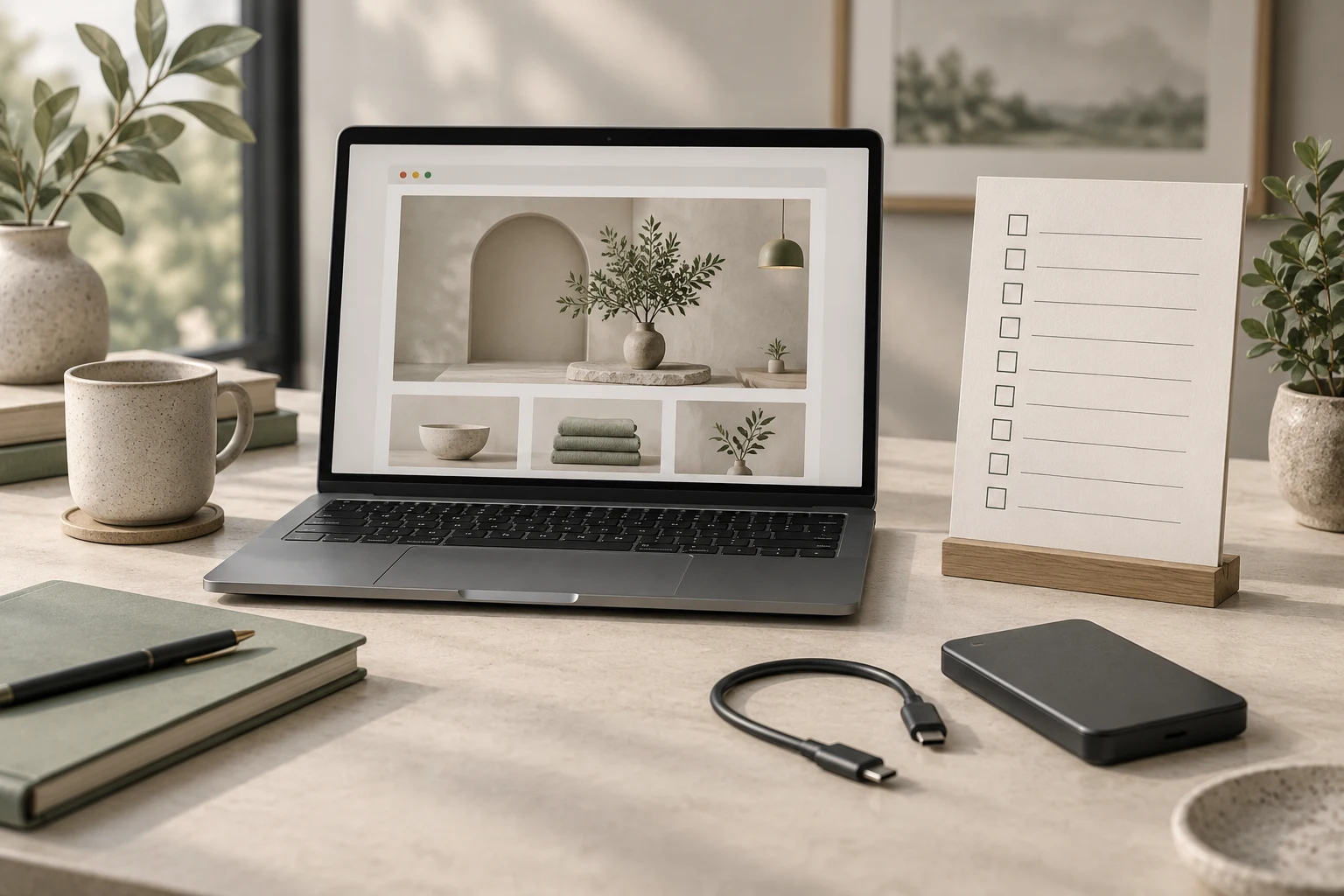 Ten-item checklist, laptop storefront, connector and backup drive