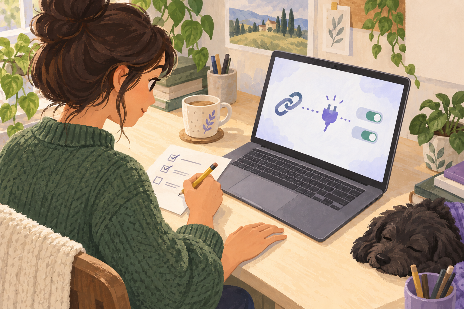 Illustrated business owner completing a paper setup checklist beside a laptop with connection and toggle symbols.