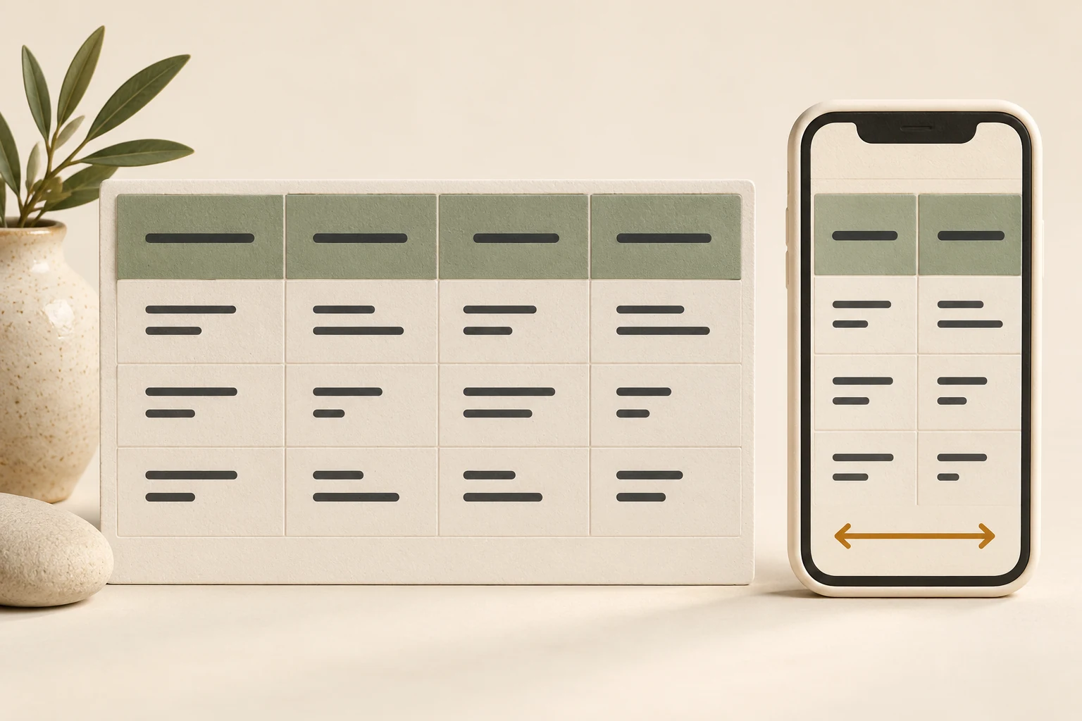 Conceptual illustration of a wide comparison grid beside a phone frame showing part of the grid, with an amber arrow indicating sideways movement.