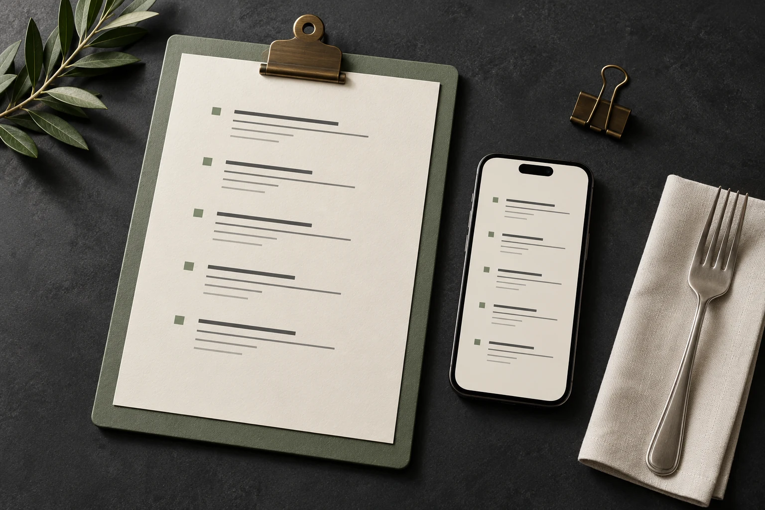 An ivory menu on a sage clipboard beside a phone with matching menu lines, a fork and a folded napkin.