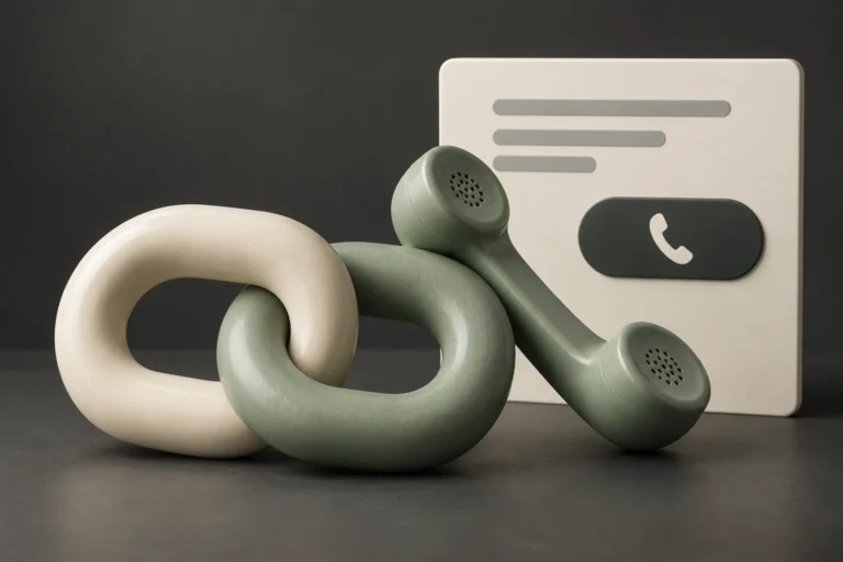 Ivory and sage interlocking rings beside a sage telephone handset and a card with a phone button icon.