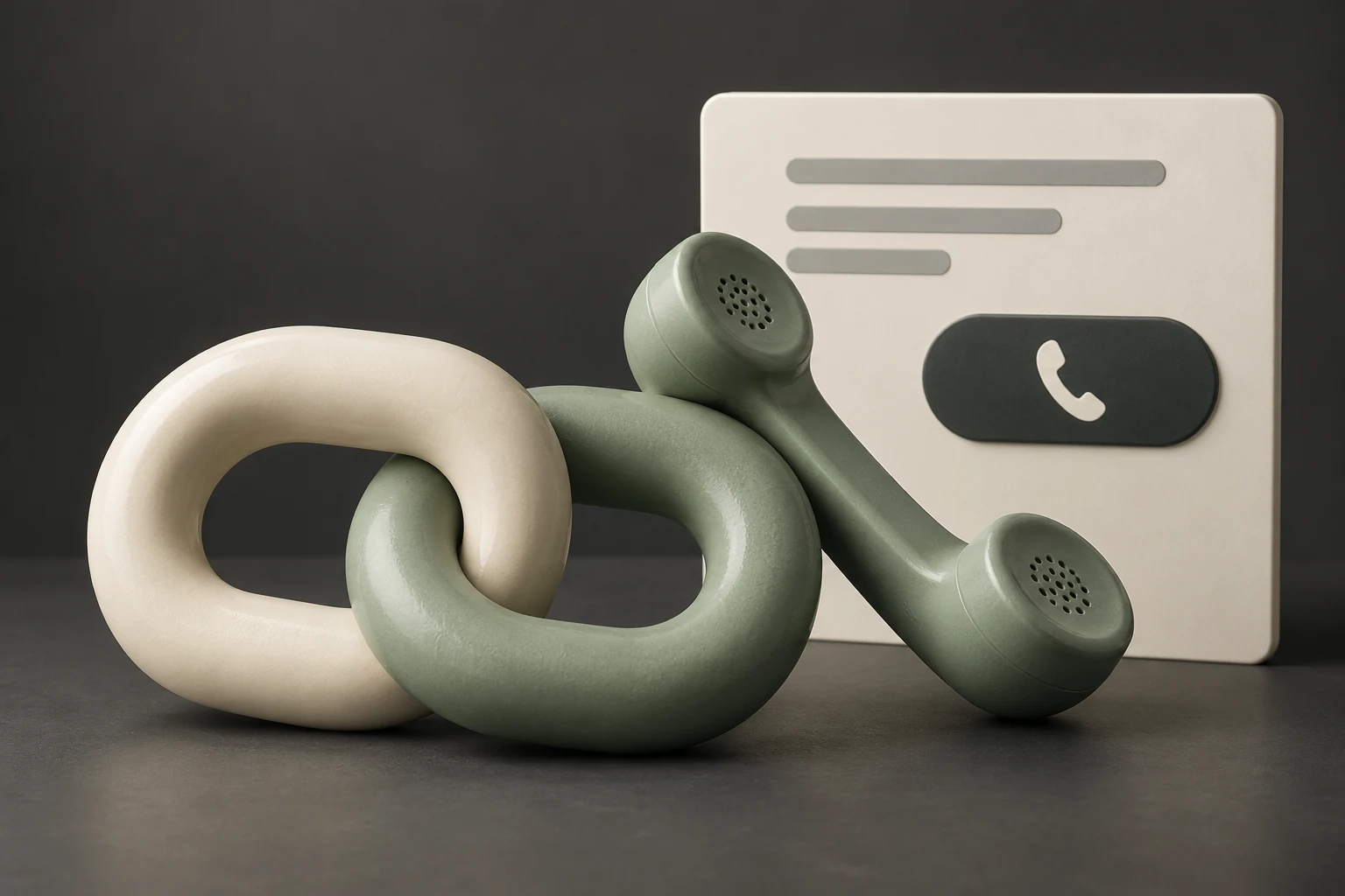 Ivory and sage interlocking rings beside a sage telephone handset and a card with a phone button icon.