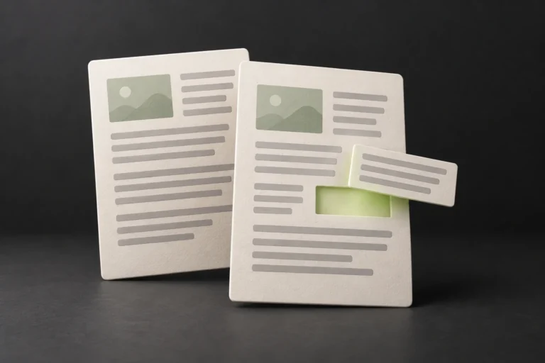 Two ivory document cards with a separate paragraph strip positioned above a gap in the front page.