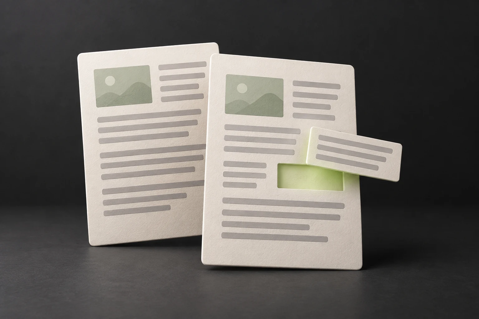 Two ivory document cards with a separate paragraph strip positioned above a gap in the front page.