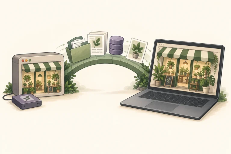 Illustrated website content and database moving across a bridge to a new laptop