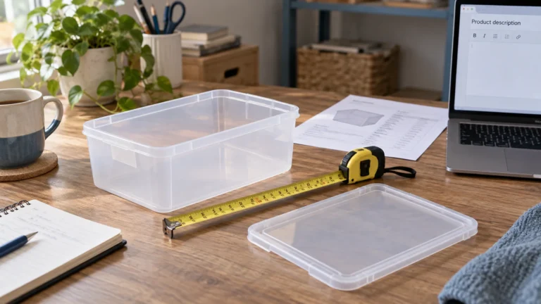 Storage box, measuring tape and specification notes beside a product-description draft